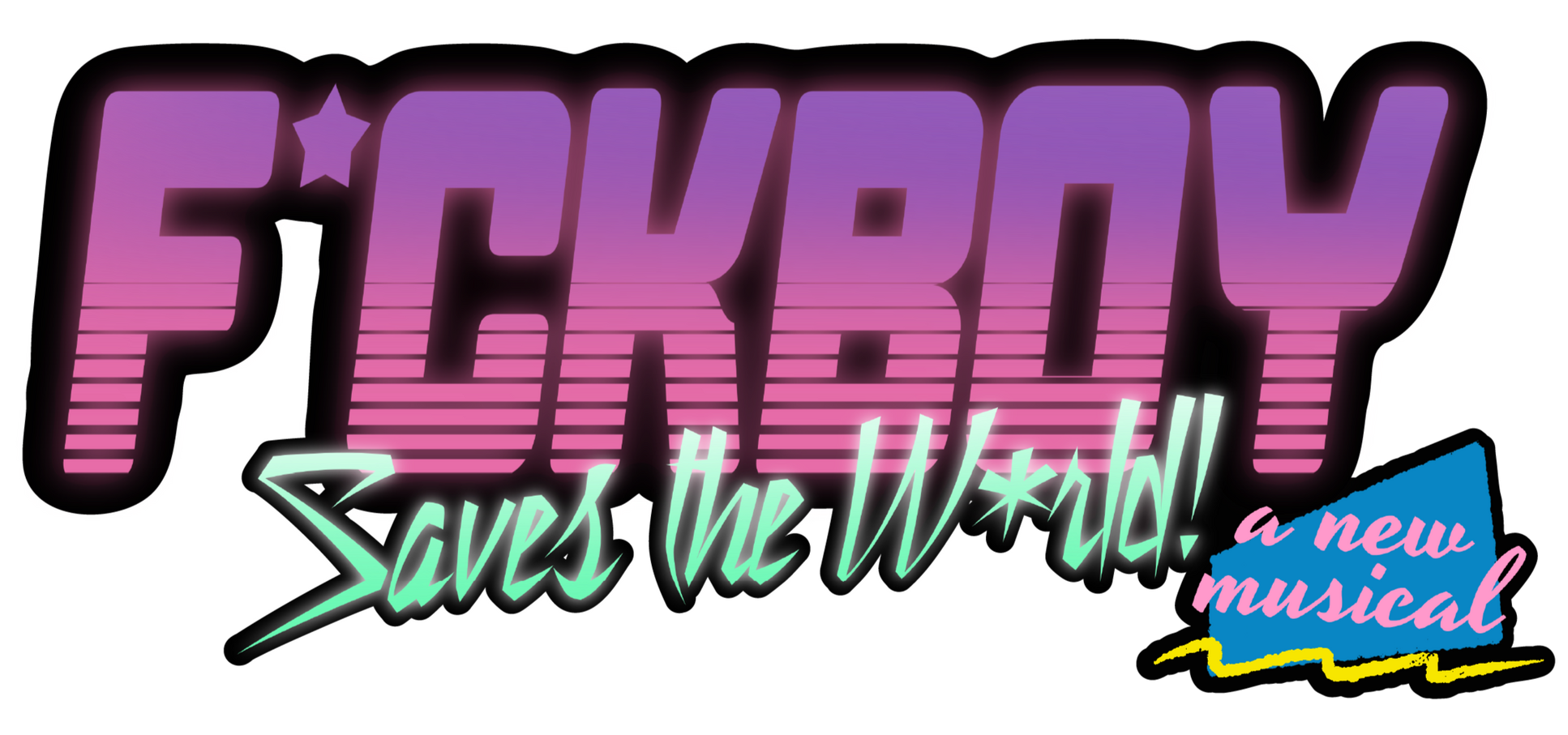 F*CKBOY SAVES THE W*RLD! a new musical Retro styled purple and aqua logo for F*CKBOY SAVES THE W*RLD! a new musical